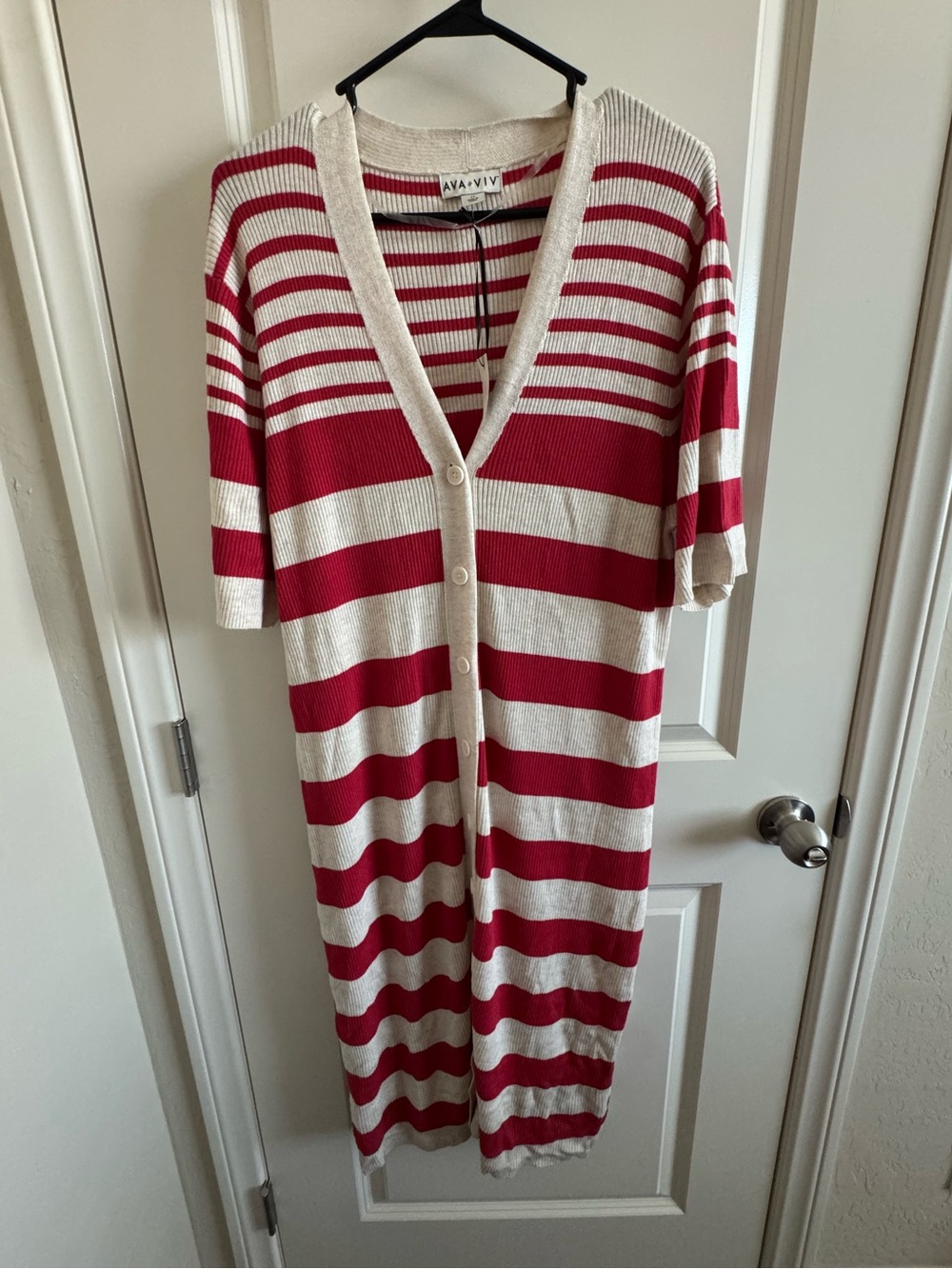 Ava & Viv Red and Cream Striped Button-Front Knit Duster